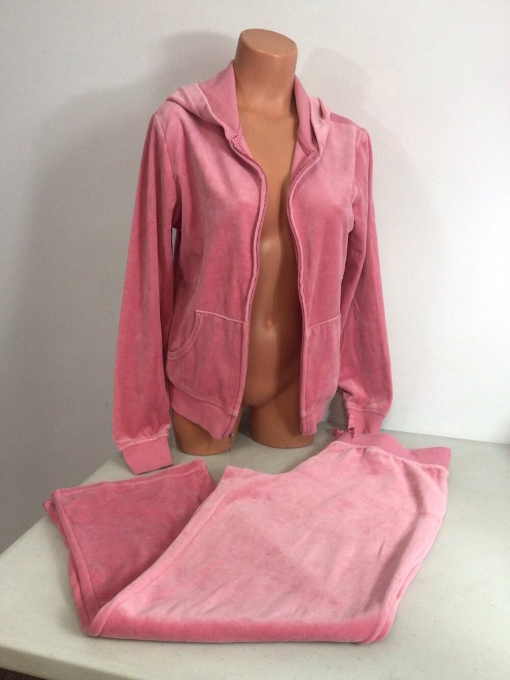 Pink Velvet Velour Tracksuit Set Zip Hoodie Jogger 2 Piece Womens Large